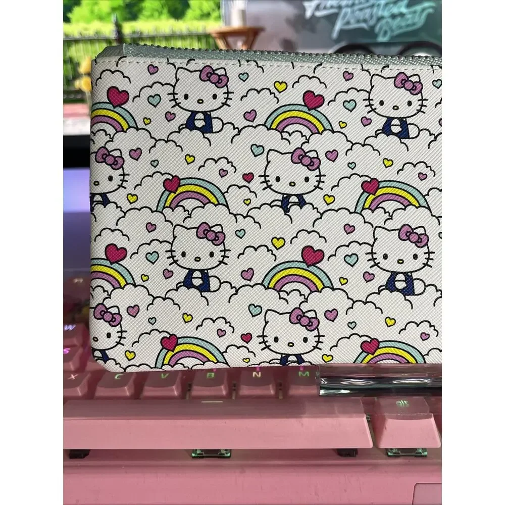 Hello Kitty Pencil Pouch Case Zipper Lined Rainbows Hearts White 2024 Sanrio